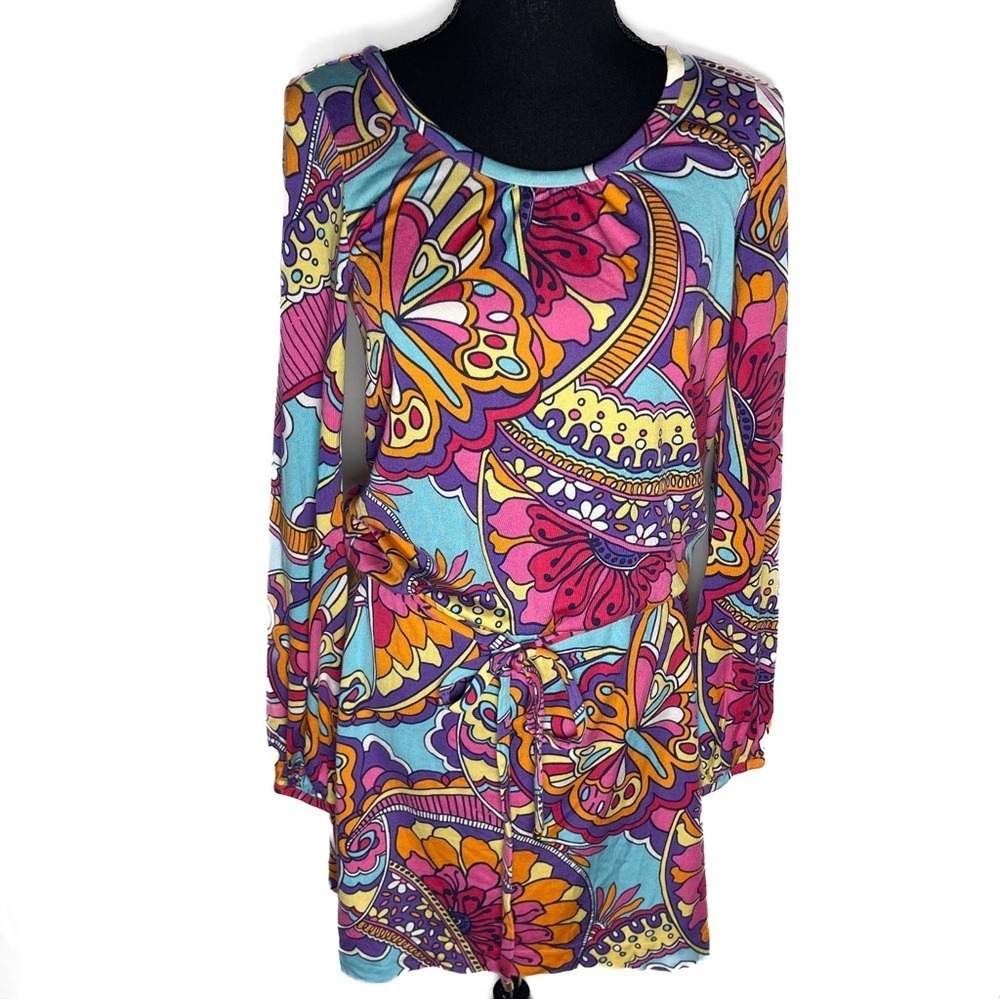 Lilly Pulitzer Silk Dress Tie-Waist Balloon Sleeve 70s Butterfly Print Retro‎ S